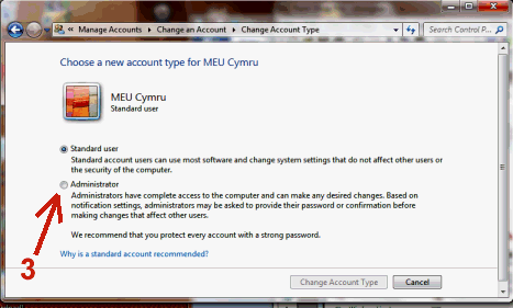 Selecting the administrator option